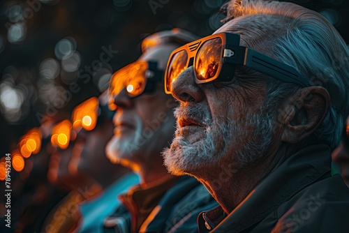 Group of people watching solar eclipse through safe solar viewing glasses. photo