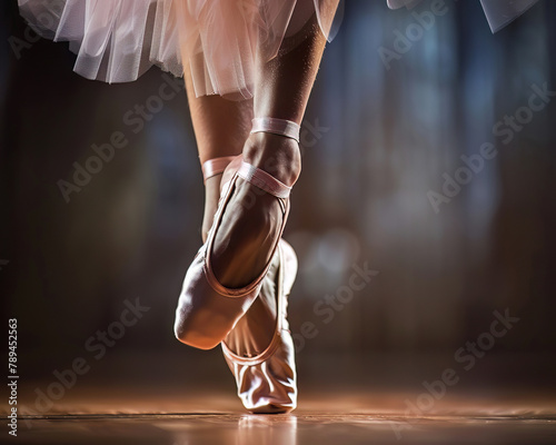 Closeup of a dancer feet, en pointe, displaying the strength and grace of ballet in motion photo