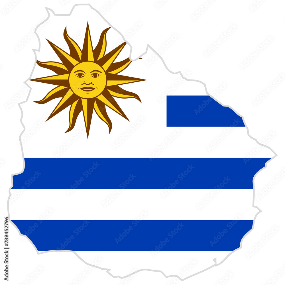 Fototapeta premium Uruguay flag depicted on image of Uruguay map, showcasing the country's national flag.