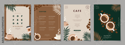 Set of minimal background templates with coffee beans and coffee mug for invitations, cards, banner, brochure, poster, cover, cafe menu or another design. Vector illustration.