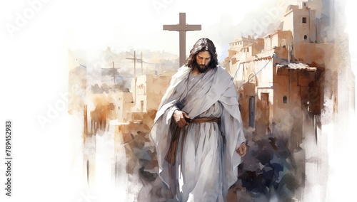Watercolor painting of Jesus and cross.