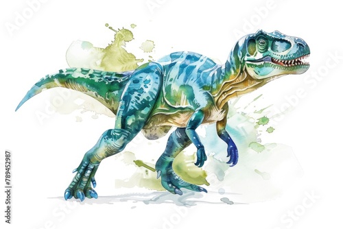 Detailed watercolor painting of a T-Rex dinosaur. Perfect for educational materials or dinosaur enthusiasts