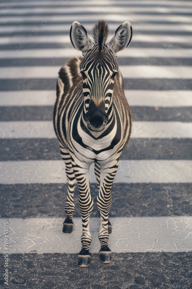 Obraz premium A zebra standing in the middle of a crosswalk, suitable for transportation concepts