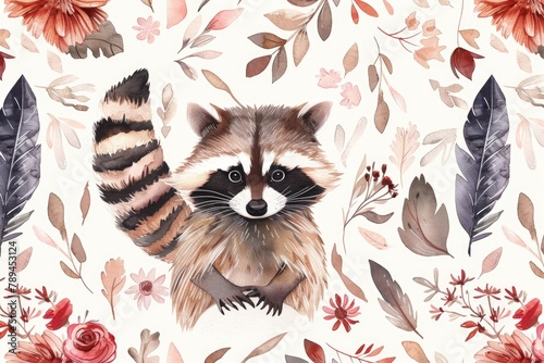 A painting of a raccoon on a beautiful floral background. Suitable for nature and animal-themed designs