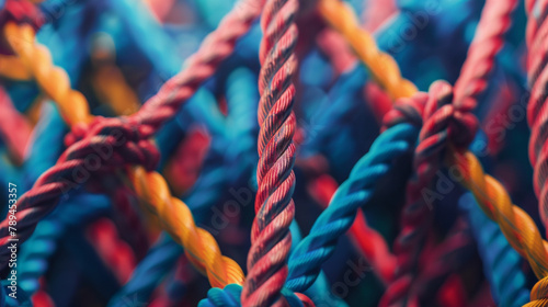 rope on a rope Braided colorful ropes isolated on white, top view. Unity concept