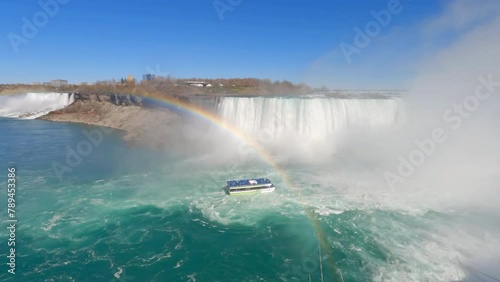 View of Niagara Falls including American Falls and Horseshoe Fall, with rainbow and tour boat from New York State, USA