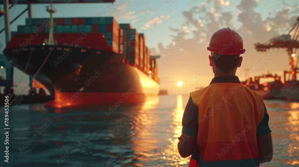 Worker looking back at container ship loading and unloading in sea port ...