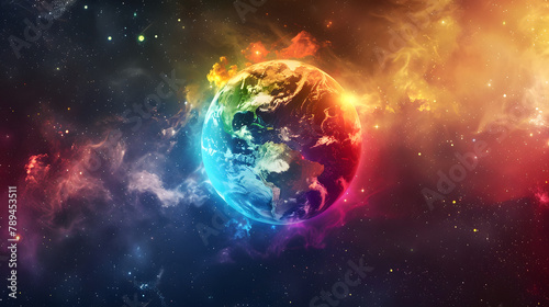 A globe radiating with vibrant colors. representing global unity and diversity. The cosmic background accentuates the vivid colors of its radiation. Contrast is created by the space around it. 