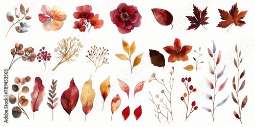 Beautiful watercolor flowers and leaves for various design projects #789453565