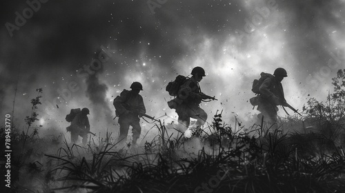 Soldiers on the battlefield, black and white. photo