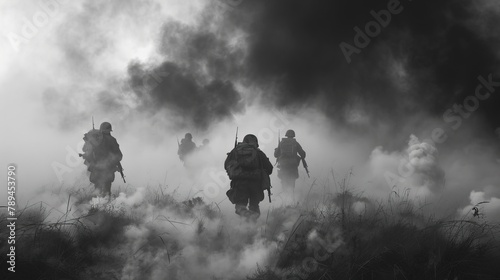 Soldiers on the battlefield, black and white.