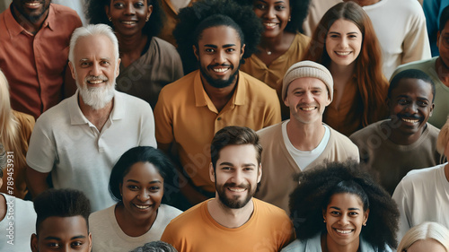 Group of diverse multiethnic old, middle aged and young men and women, male and female people, social acceptance and unity, standing together, black and white skin, multi generation photo