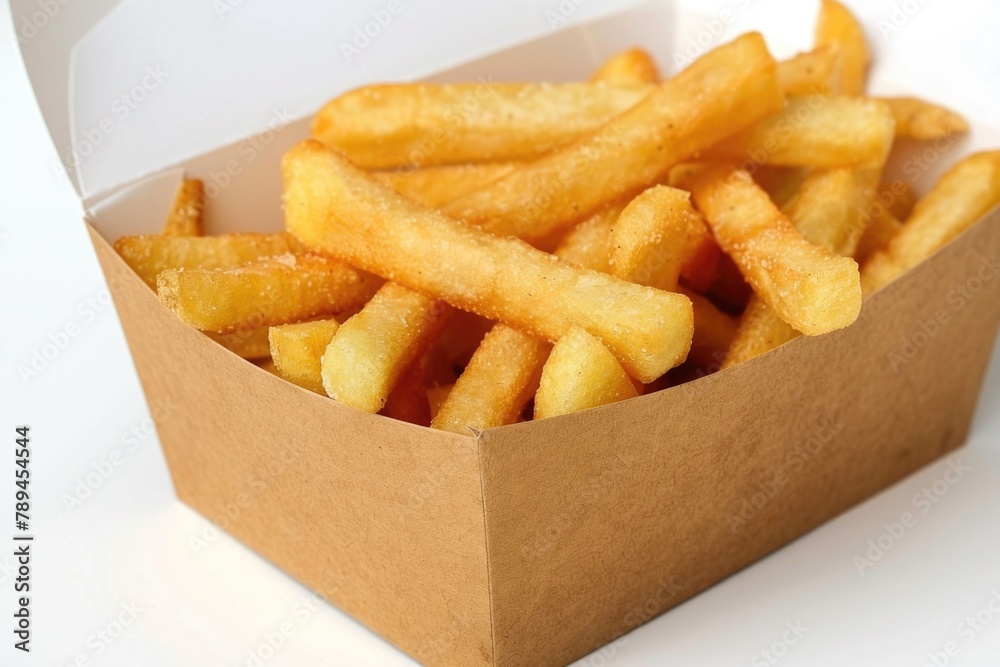 Crispy french fries in a cardboard box. Perfect for food and restaurant concepts Crispy french fries in a cardboard box. Perfect for food and restaurant concepts