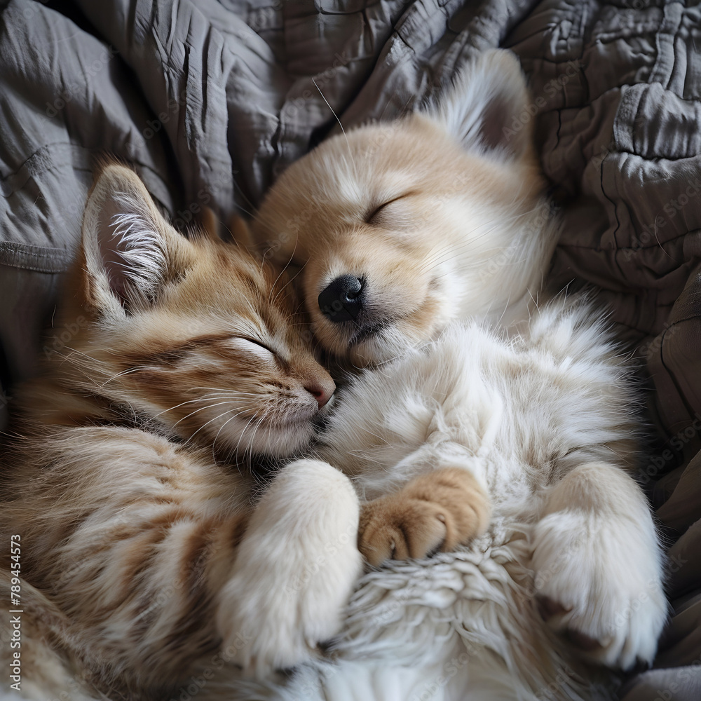 Sleeping Kitten and Puppy Embracing in Slumber Sleeping Kitten and Puppy Embracing in Slumber