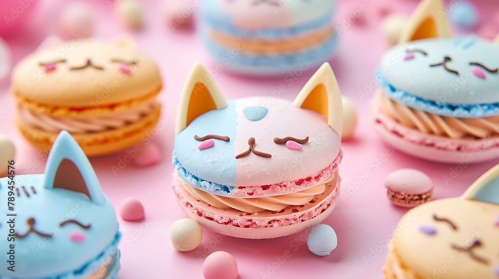 Adorable Cat Macaron Cookies Delicious French Dessert on Bright Background