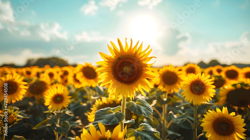Sunflower Field at Sunrise with Bright Blue Sky