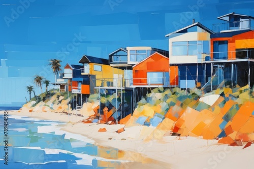 Watercolor illustration of colorful summer houses on the sandy ocean shore. Modern coastal summer art by the sea in vibrant blues and oranges © May