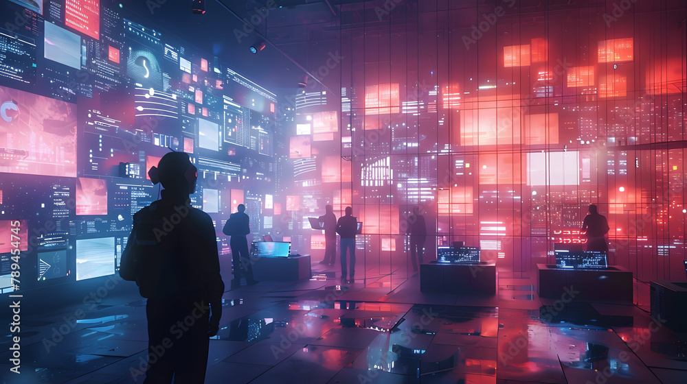 A high-tech photon display of figures and plots. with digital consoles radiating in the dusky setting