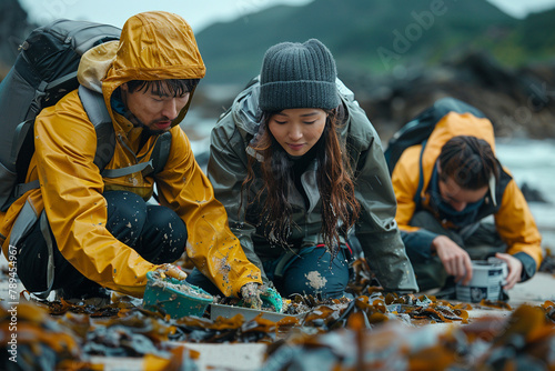 A group of activists organizing a beach cleanup event on social media, mobilizing volunteers for environmental action photo