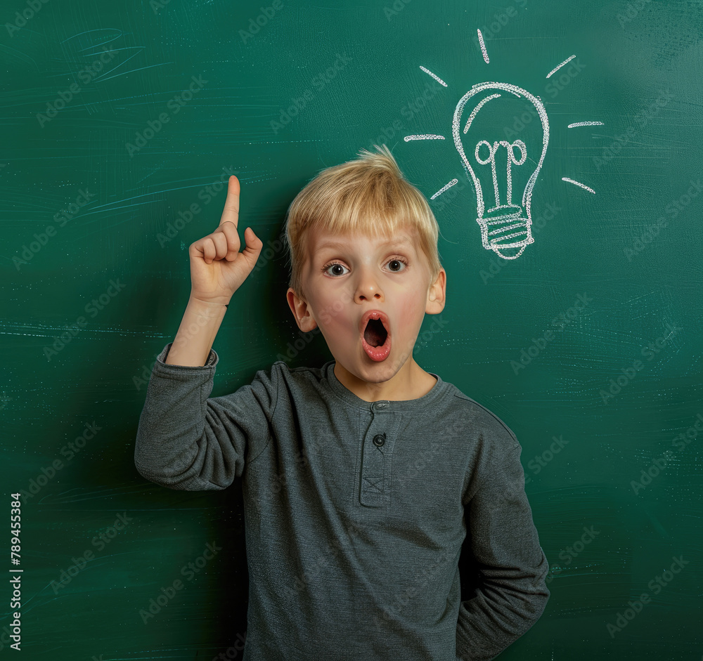 A young boy with blonde hair is standing in front of the blackboard, his hand raised high and pointing at an outline drawing of a light bulb