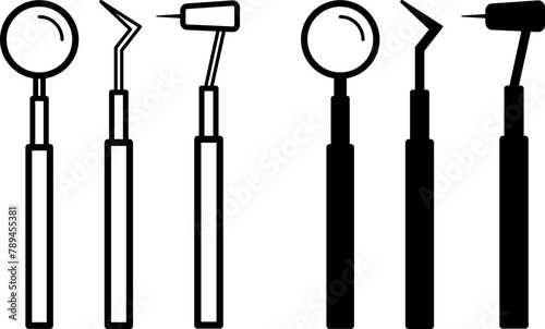 Dental Tools Icons. Black and White Vector Icons of Oral Examination Instruments. Dental care and treatment. Medicine and Dentistry Concept