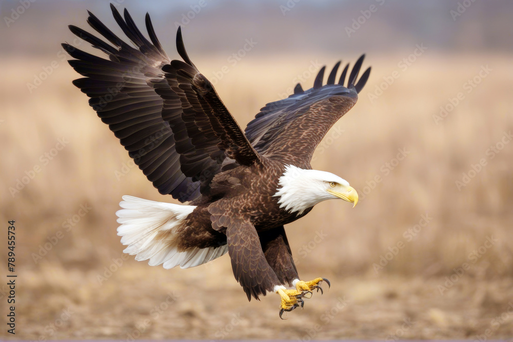 Obraz premium (Haliaeetus Eagle taking off Bald leucocephalus) feather america bird prey fly wing take-off symbol flying eye stern predator