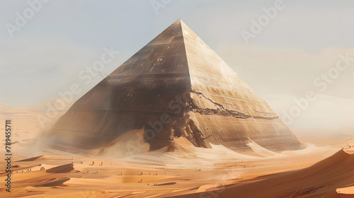 A large pyramid standing in the desert. with most of its structure covered by sand and only the tip visible. The covered part is depicted as smooth stone