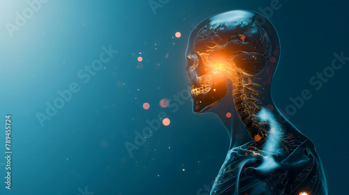 Side view of human skeleton 3d blue x-ray of a headache pain. Brain illness or disease scan, skull bone injury, person with migraine because of stress. Copy space for text