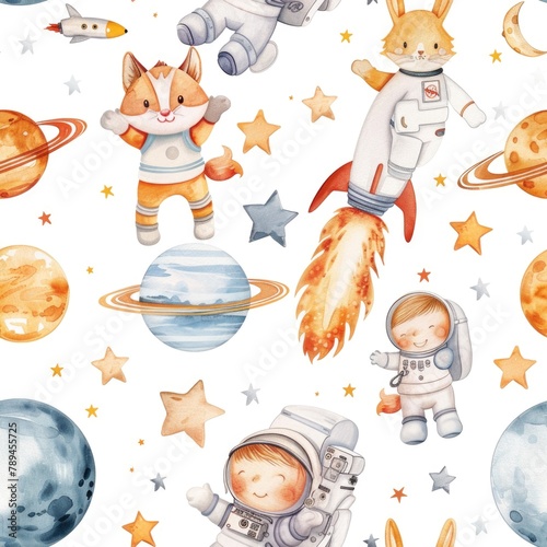 Watercolor illustration of a cat and a cat astronaut in outer space. Suitable for children's book illustrations