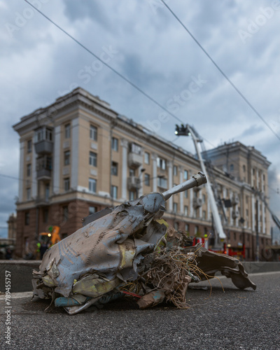 A Russian missile hit a residential building in the city of Dnepr, Ukraine. Damaged apartment building after a massive missile attack on 04/19/24. Scars of war. Consequences of the attack