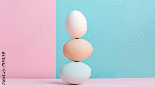 Balancing eggs on pink and blue background