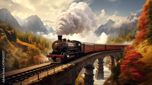 Old steam train on arched bridge in mountain © Kokhanchikov