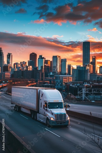 A semi truck driving down a highway with a city skyline in the background. Suitable for transportation and urban concepts