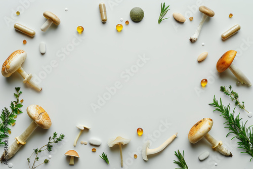 Background with different pills, herbs and fresh mushrooms arranged in a circle with empty space inside. Natural and alternative medicine concept.