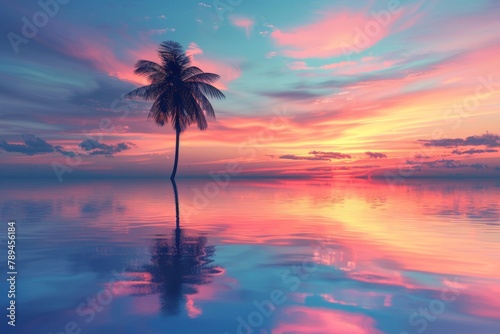 Sunset with a palm tree reflected in the water. Summer background