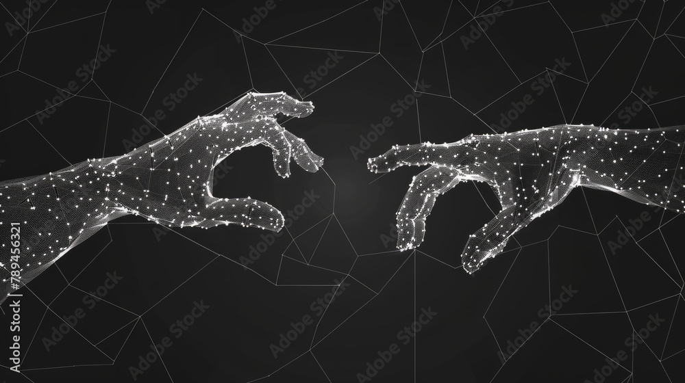 Simple depiction of two wireframe digital hands reaching towards each ...