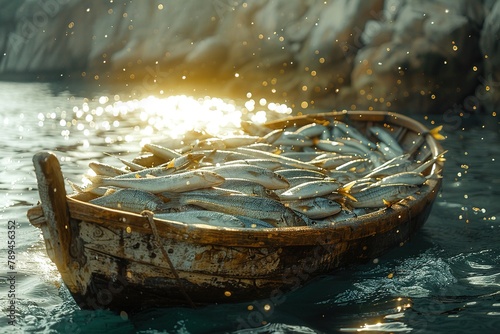 Peter's boat overflowing with fish, Bible story. © Bargais