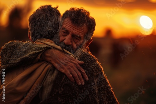 Father embracing his son, Bible story of the prodigal son. © Bargais