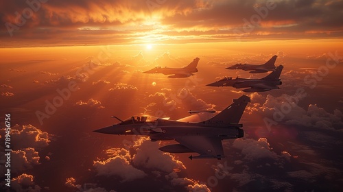 A military jets in the air at sunset. 