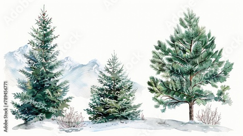 A serene painting of three trees covered in snow. Perfect for winter-themed designs