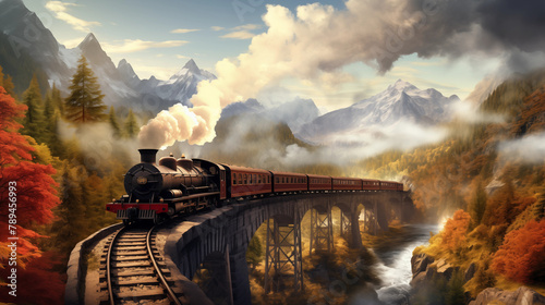 Old steam train on arched bridge in mountain photo