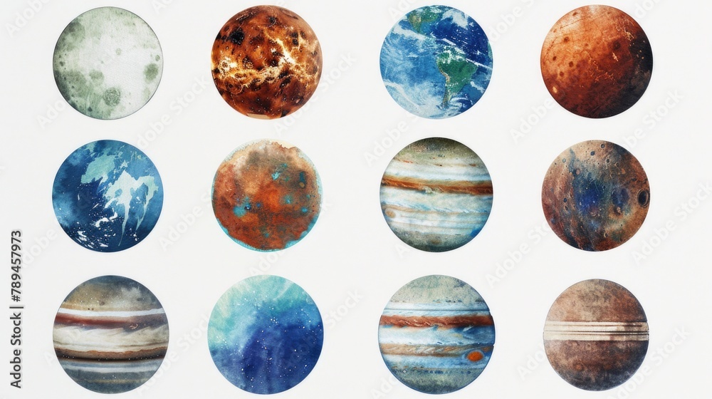 Nine planets painted in various vibrant colors. Suitable for educational or artistic projects