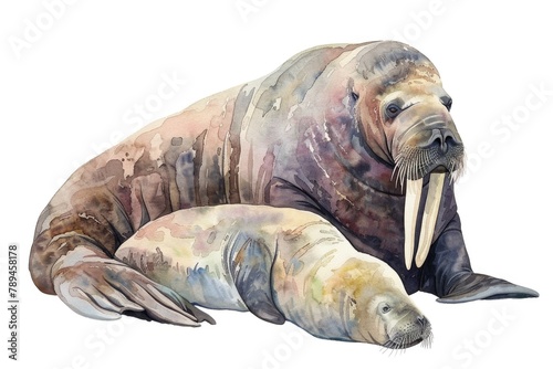 A beautiful watercolor painting of a walrus and her baby. Perfect for nature-themed designs