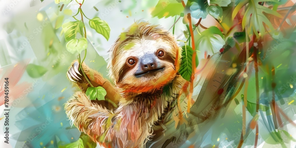 Obraz premium A sloth hanging from a tree branch. Suitable for nature or wildlife themes