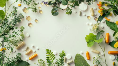 Background with different dietary supplements, and herbs arranged in a circle with empty space inside. Natural and alternative medicine concept. photo