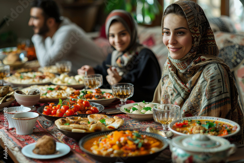Family gathered in the dining room  shares their Iftar meal  featuring a variety of traditional Ramadan dishes