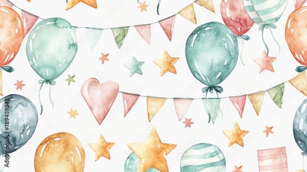 Fototapeta premium Bright and whimsical watercolor illustration of balloons and stars, perfect for celebrations and decorations