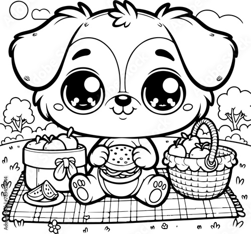 Chien ou chiot dessin animé style cartoon - manga - kawaii pour page ou livre de coloriage pour enfant. Isolé du fond, dessin au trait noir totalement transparent et prêt a colorier et ajuster. 