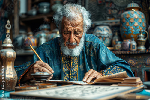 Elderly male arabic calligrapher meticulously writes verses from the Quran with traditional ink and brush