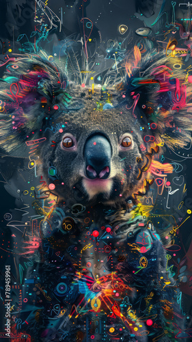 Abstract Illustration artwork of a Koala bear, cute face, futuristic Art Elements,generative ai